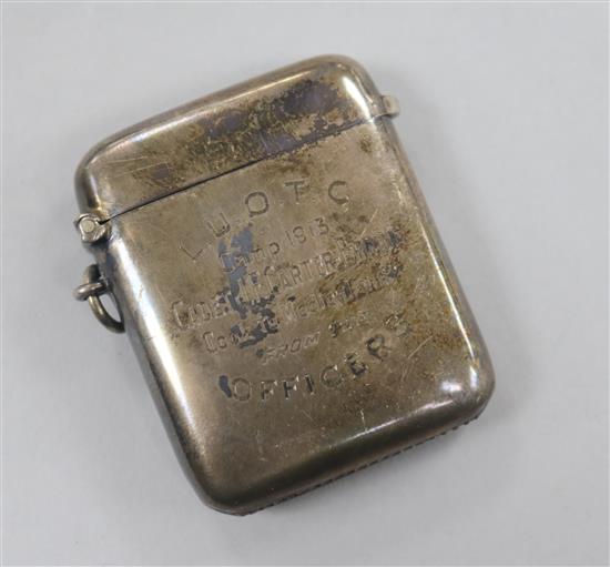 A George V silver vesta case, Mappin & Webb, Birmingham, 1913, with engraved inscription.